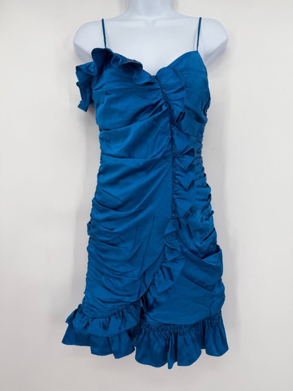 Betsey Johnson Silk One Shoulder Ruched Ruffle Cocktail Lined Mini Dress Blue 2